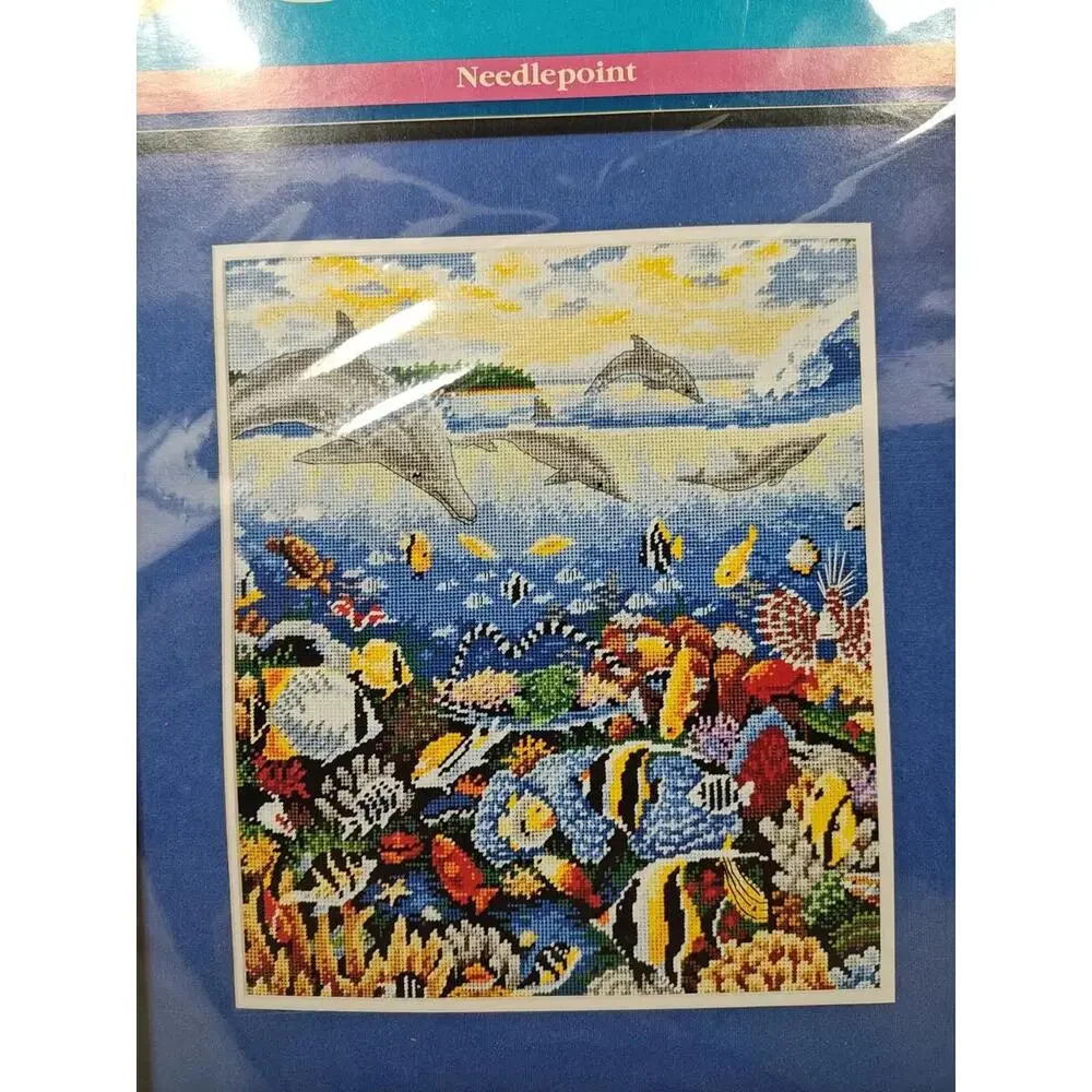1993 Sunset Needlepoint Kit Dolphins At Play 12090 12